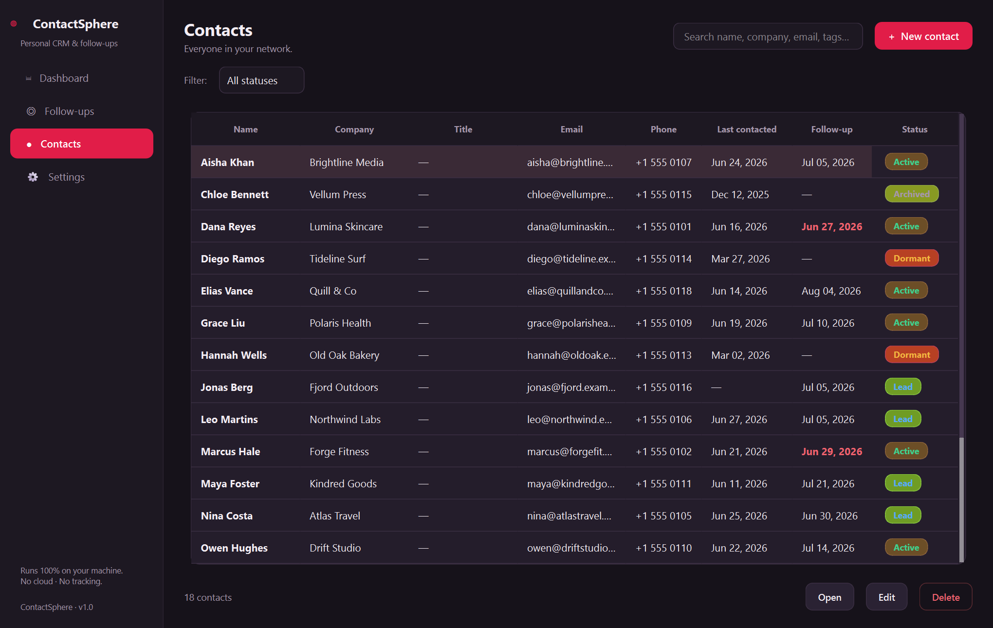 ContactSphere contacts — An offline personal CRM that triages who needs a follow-up today.