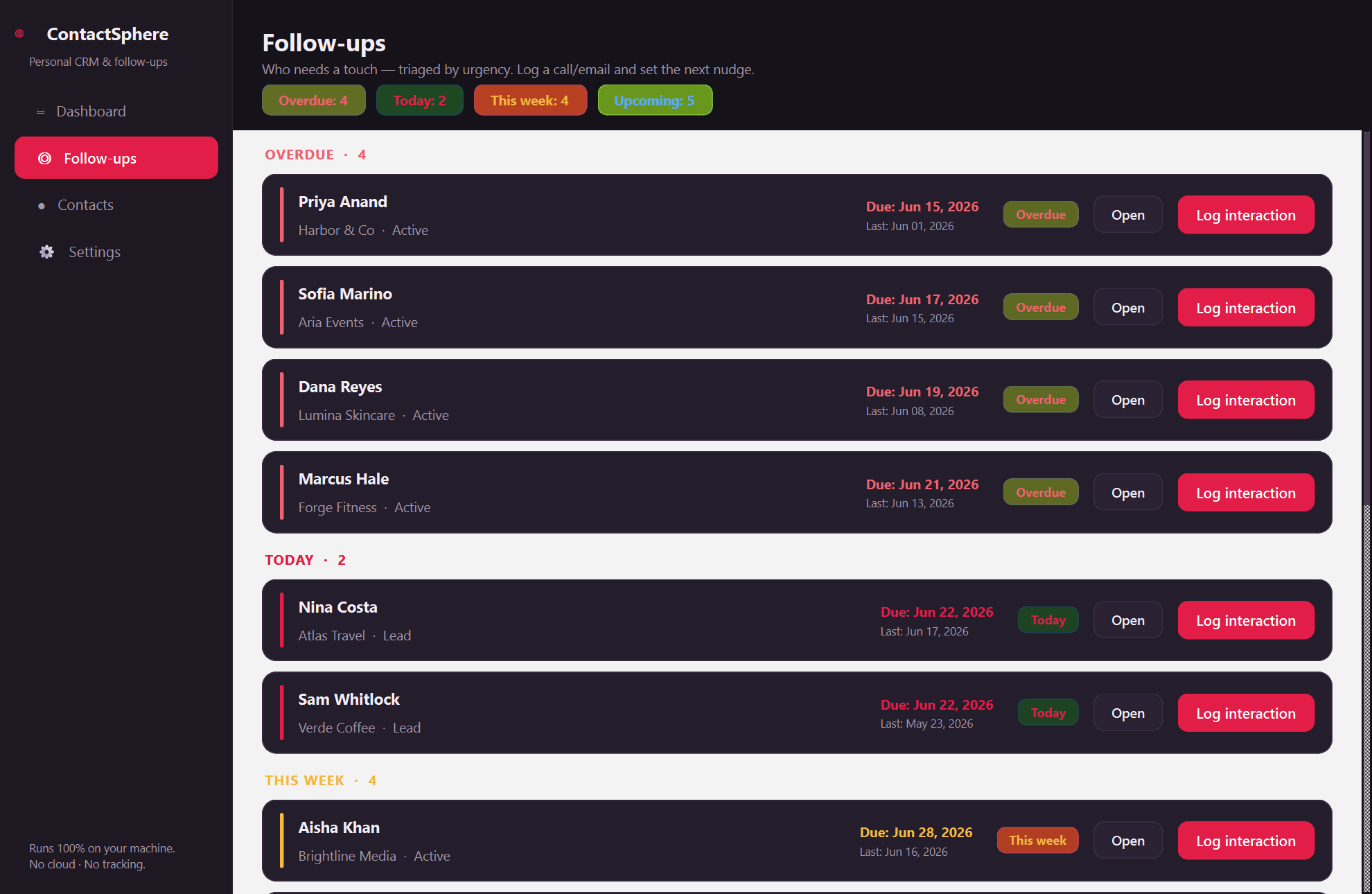 ContactSphere — An offline personal CRM that triages who needs a follow-up today.
