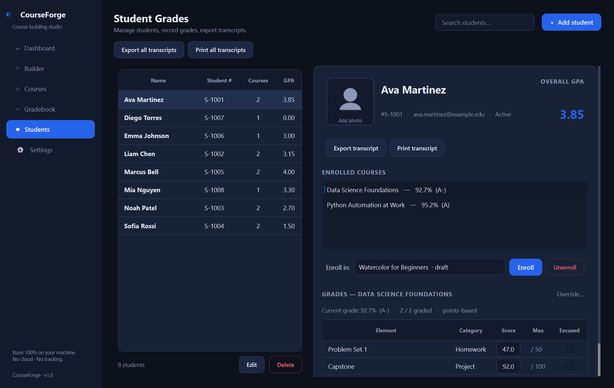 CourseForge students — Plan courses, track student grades, and print transcripts — a native Windows app that runs fully offline.