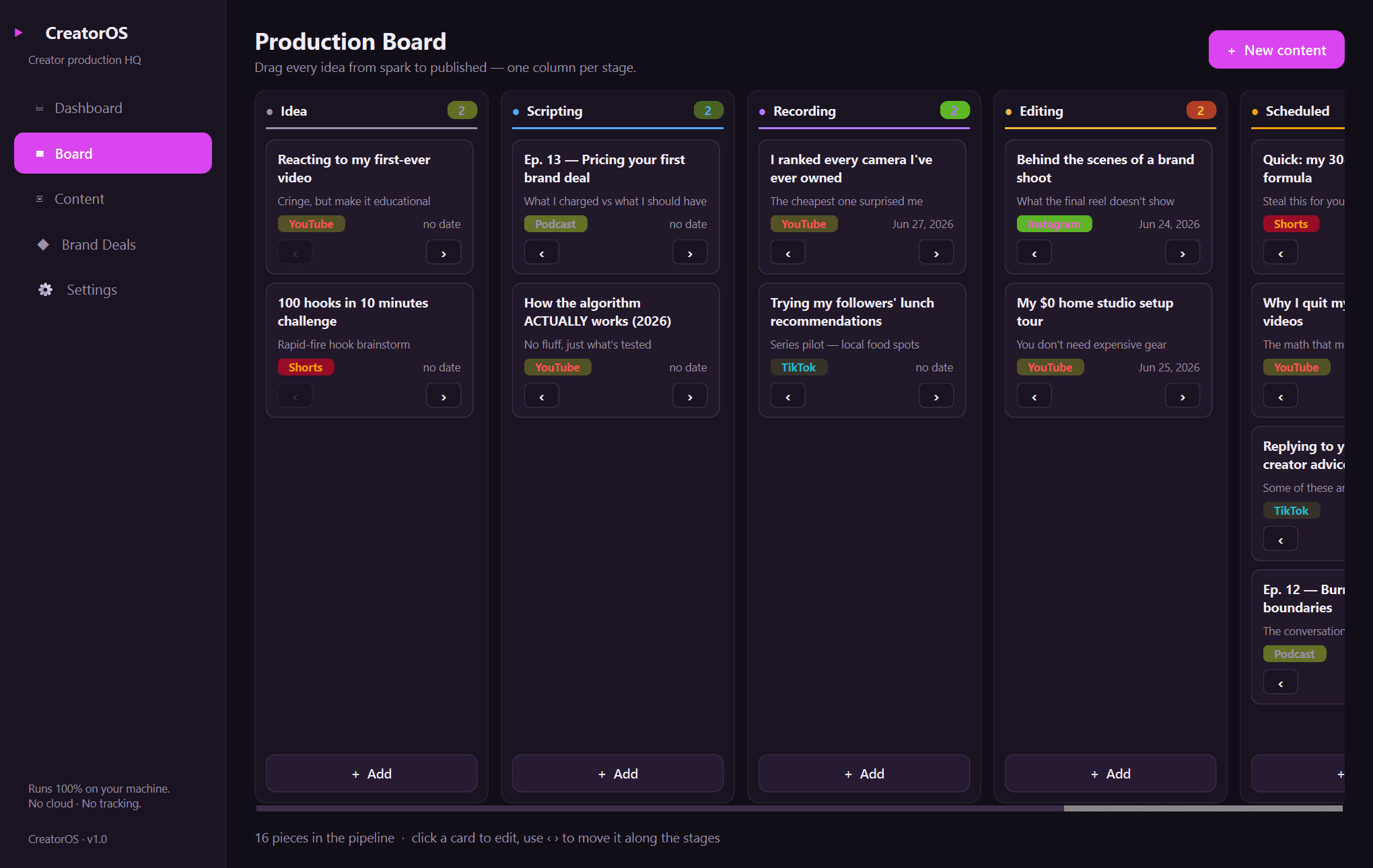 CreatorOS board — A native production hub that moves every video, short, and post from idea to published.