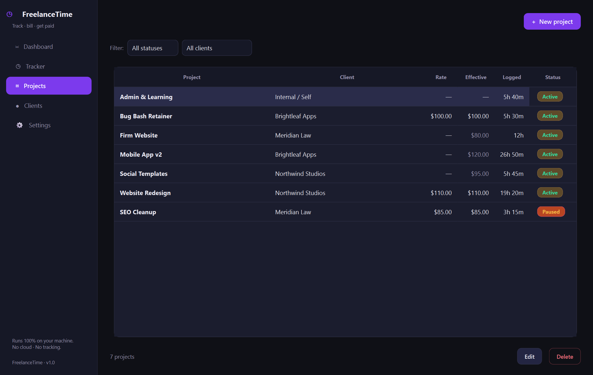 FreelanceTime projects — Offline time tracking and billing for freelancers — your hours, rates, and clients in one native Windows app, on your machine alone.