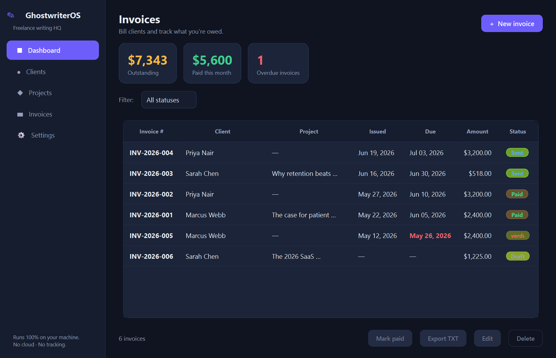 GhostwriterOS invoices — The local business hub for freelance writers — clients, projects, and invoices, all on your own machine.