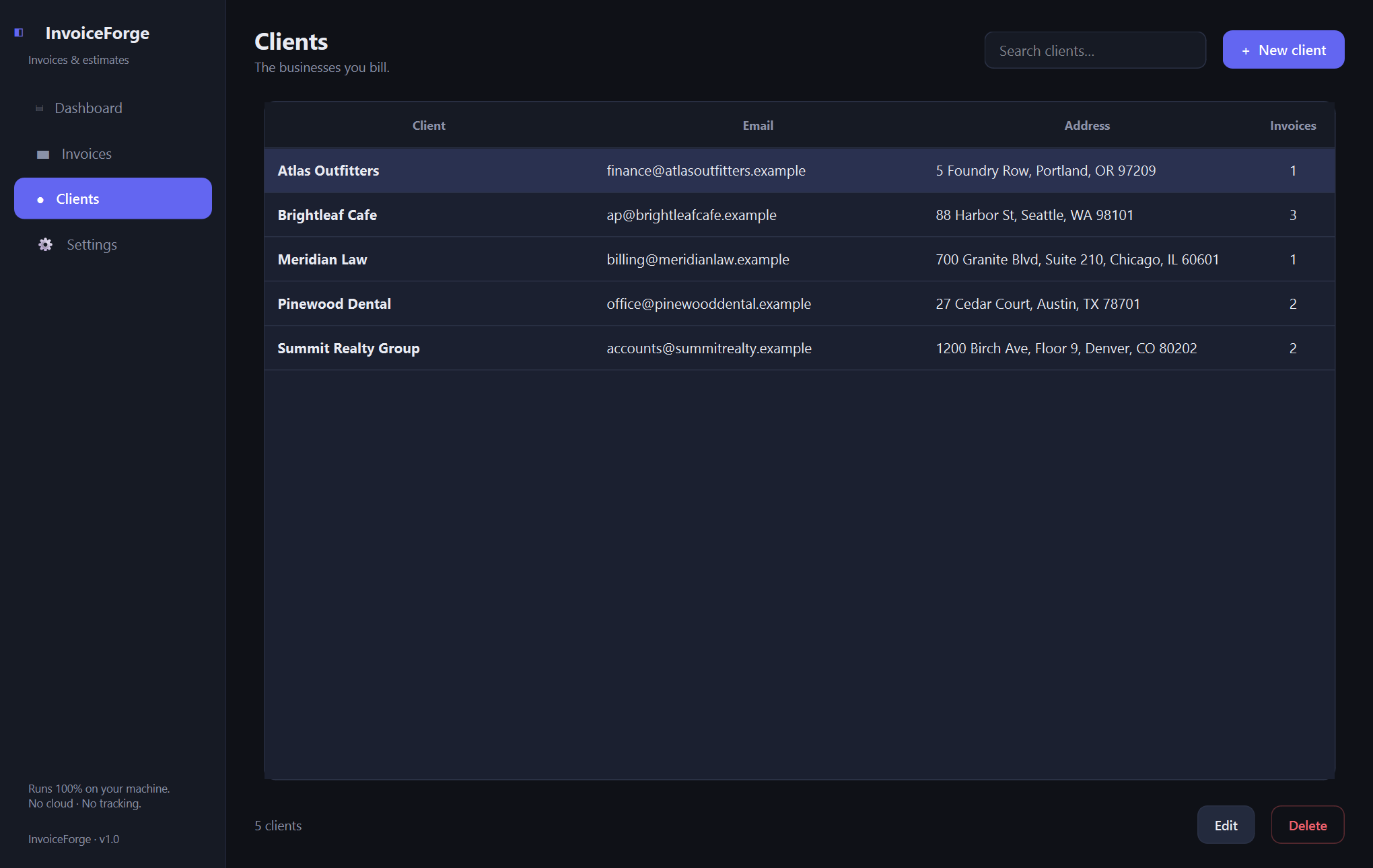 InvoiceForge clients — A native, fully offline invoice and estimate builder for freelancers and small businesses — your data stays in one file on your own machine.