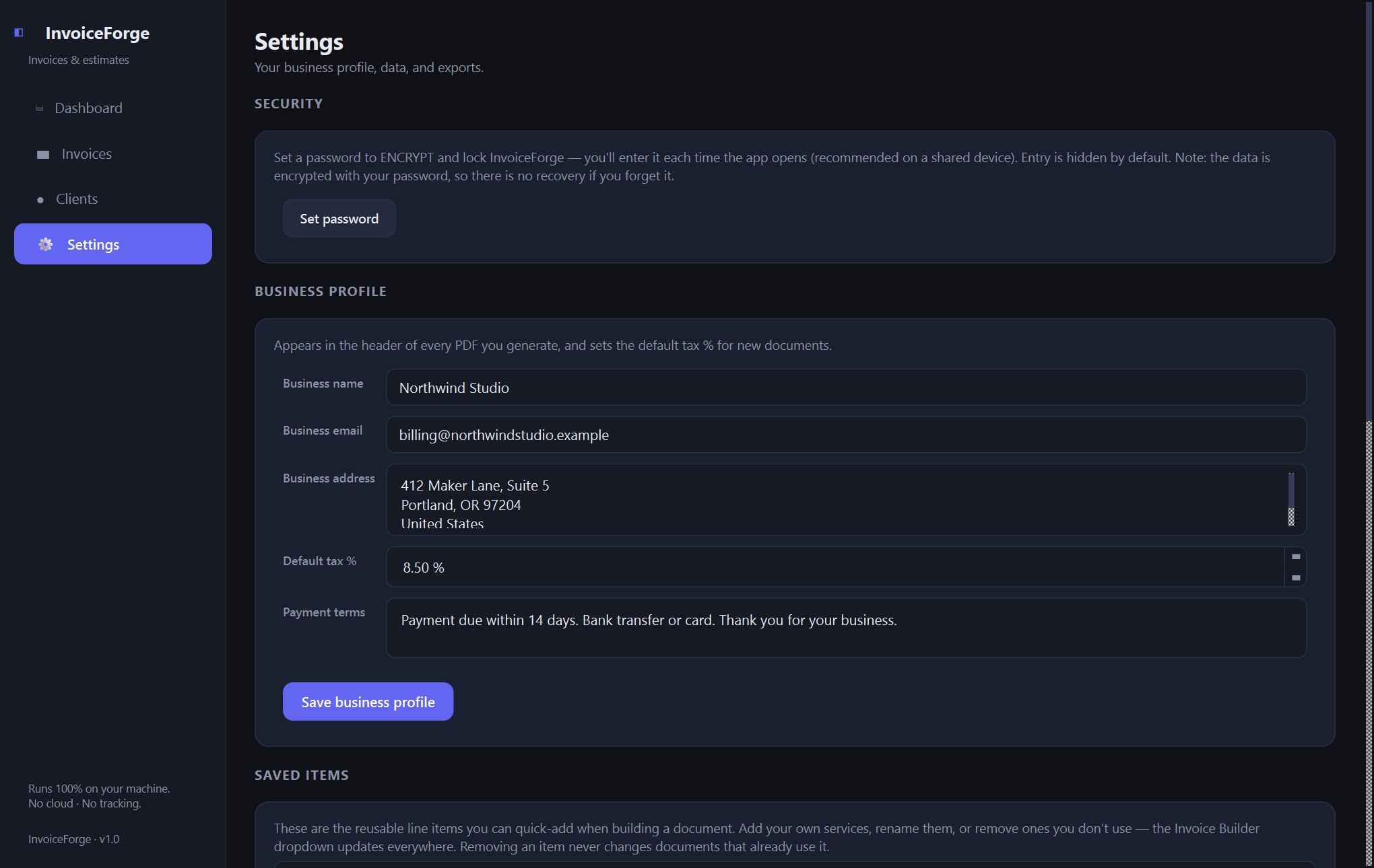 InvoiceForge settings — A native, fully offline invoice and estimate builder for freelancers and small businesses — your data stays in one file on your own machine.