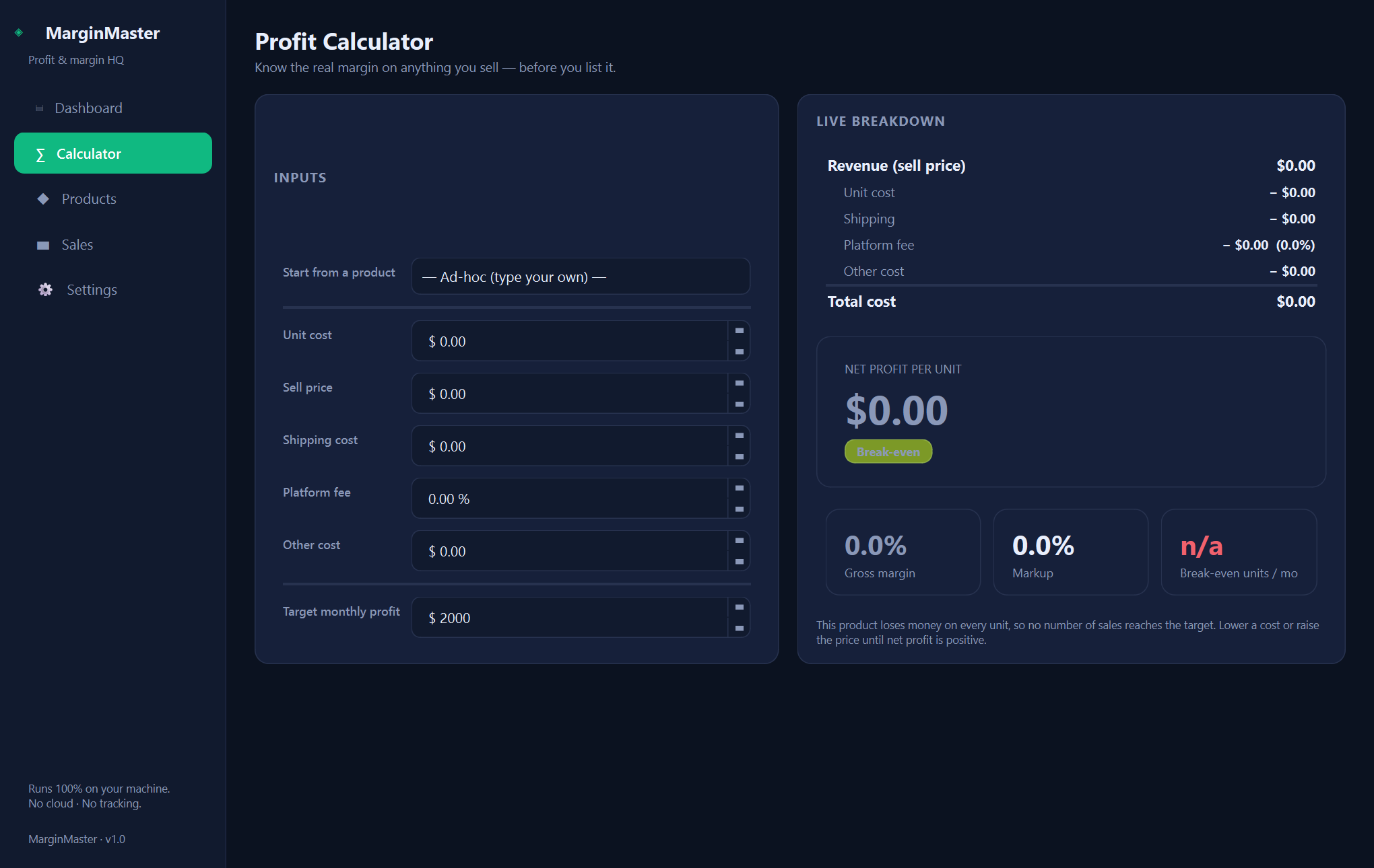 MarginMaster calculator — An offline profit and margin manager for e-commerce sellers.