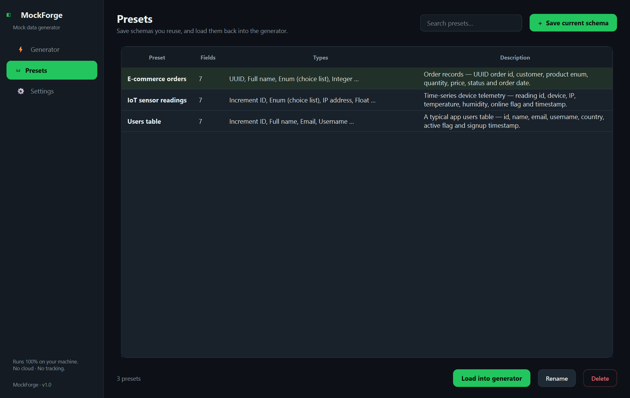 MockForge presets — Offline mock-data generator for developers — schema in, JSON, CSV, or SQL out.