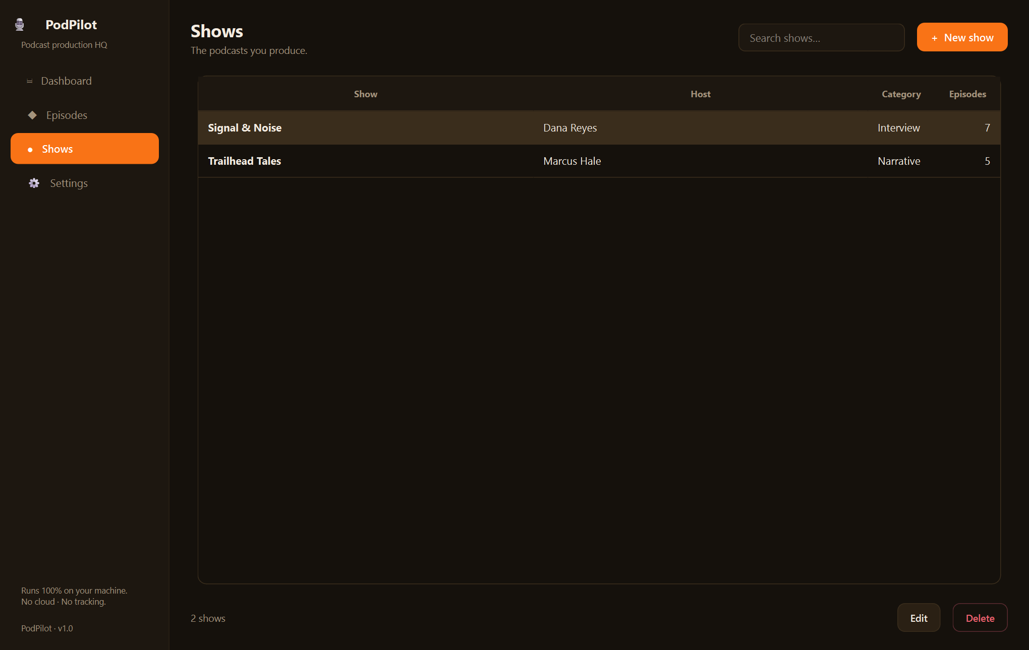 PodPilot shows — An offline production manager for podcasters — every episode, idea to published.