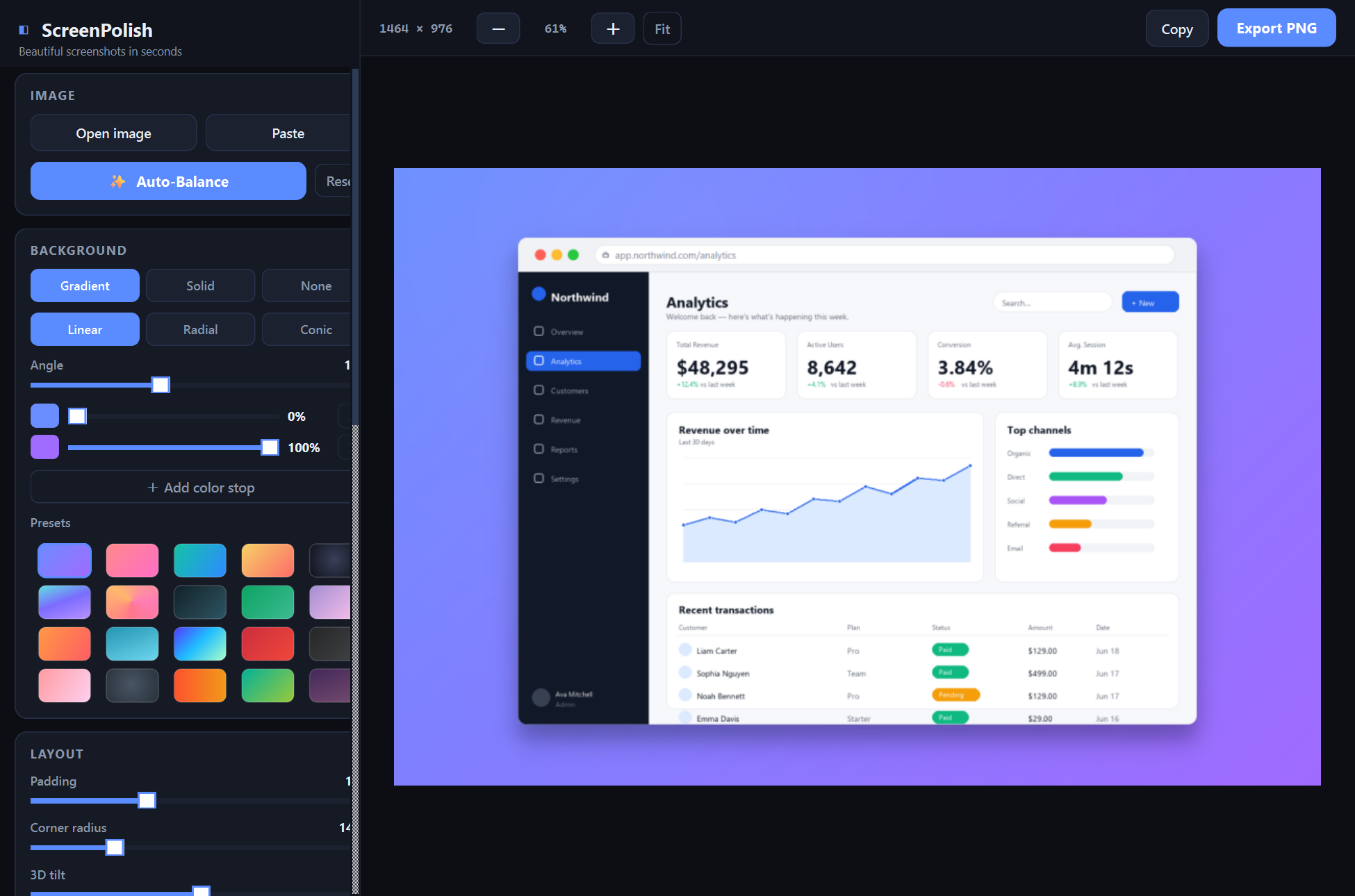 ScreenPolish — Turn plain screenshots into share-ready visuals — gradient backgrounds, device frames, and one-click polish.