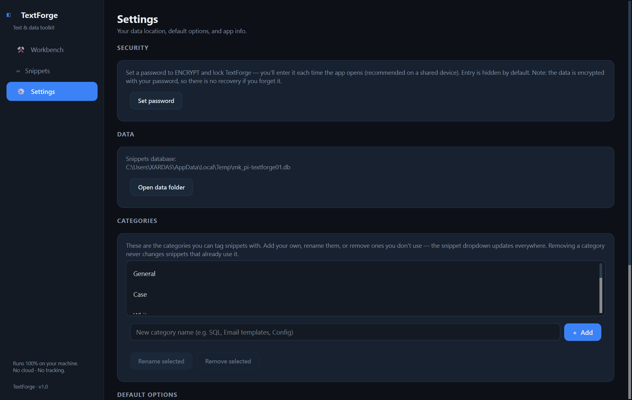 TextForge settings — The offline workbench for everything you'd paste into an online tool — decode a JWT, chain transforms into a saved recipe, convert or hash anything — without a byte leaving your machine.