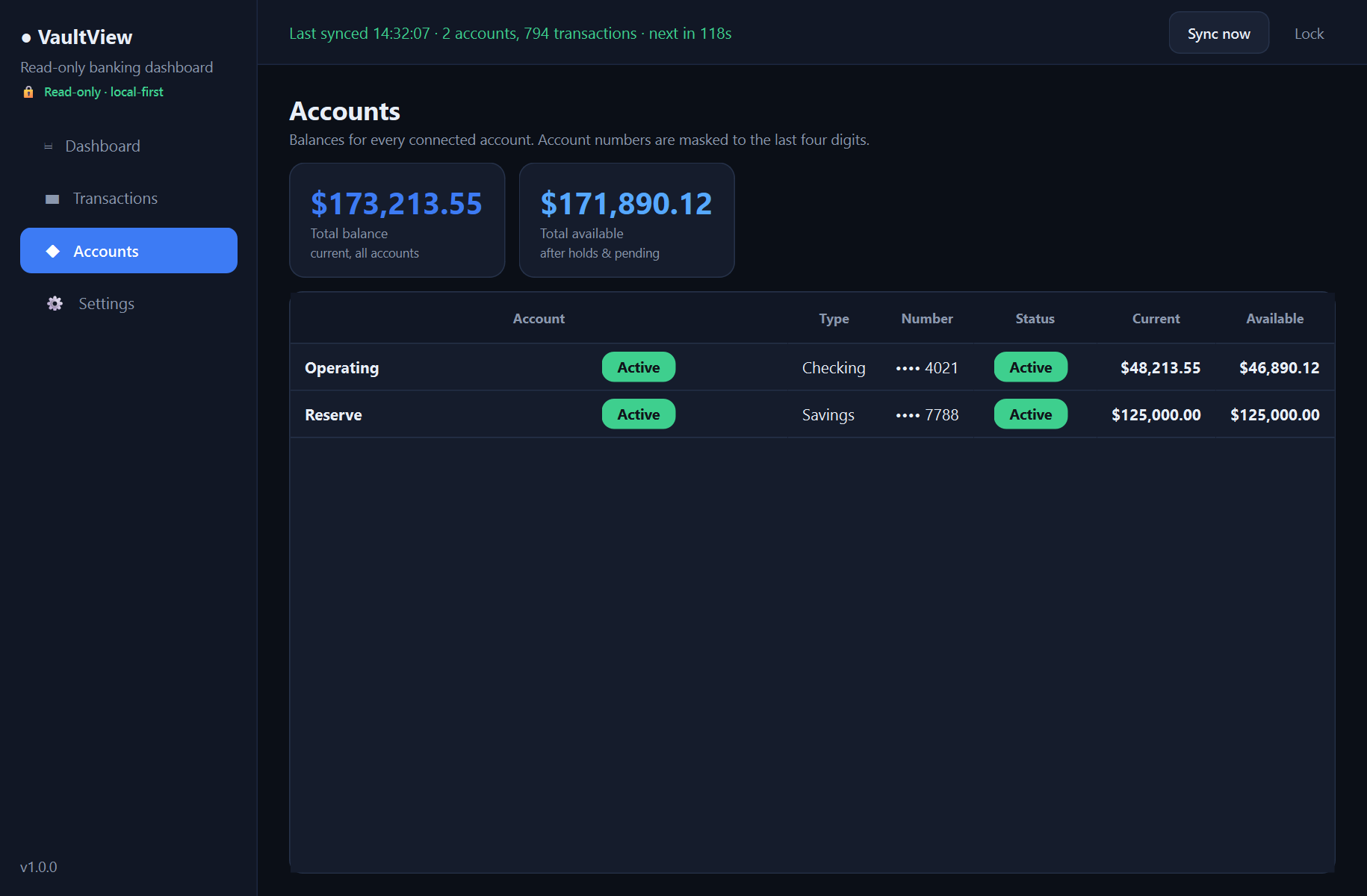 VaultView accounts — A secure, read-only desktop dashboard for your online bank accounts — it shows everything and can move nothing.