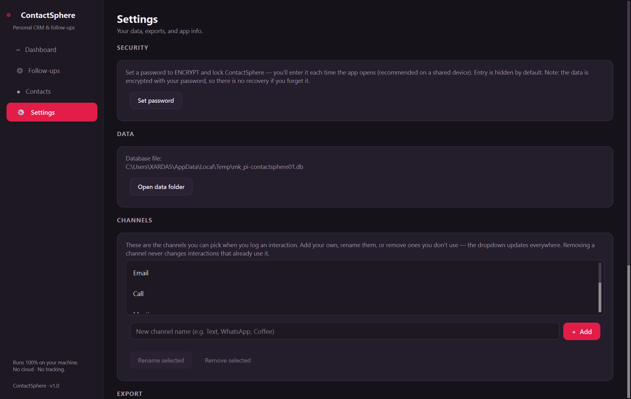 Xardas Contacts settings — An offline personal CRM that triages who needs a follow-up today.