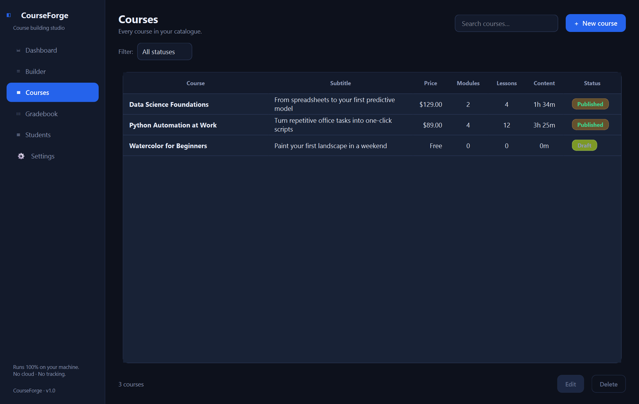 Xardas Courses courses — Plan courses, track student grades, and print transcripts — a native Windows app that runs as a native local app.