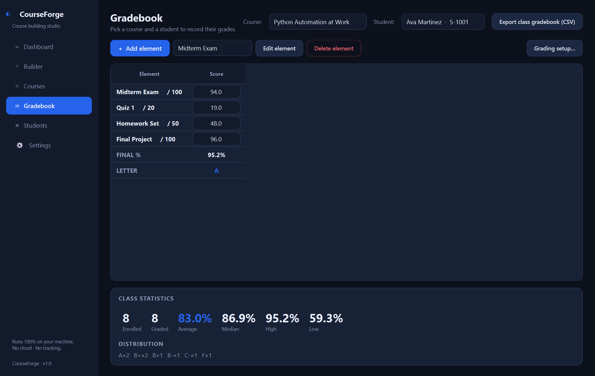 Xardas Courses gradebook — Plan courses, track student grades, and print transcripts — a native Windows app that runs as a native local app.