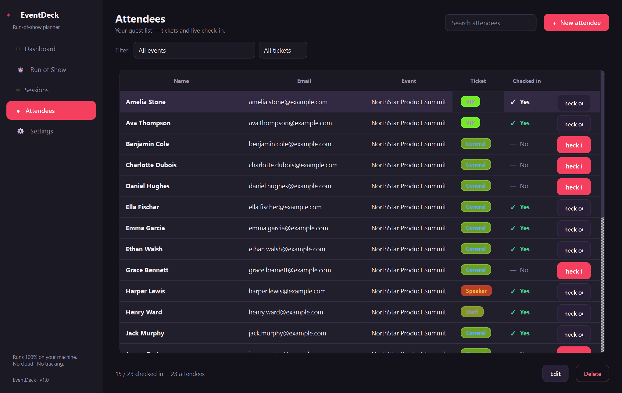 Xardas Events attendees — An offline run-of-show planner for workshops and events.