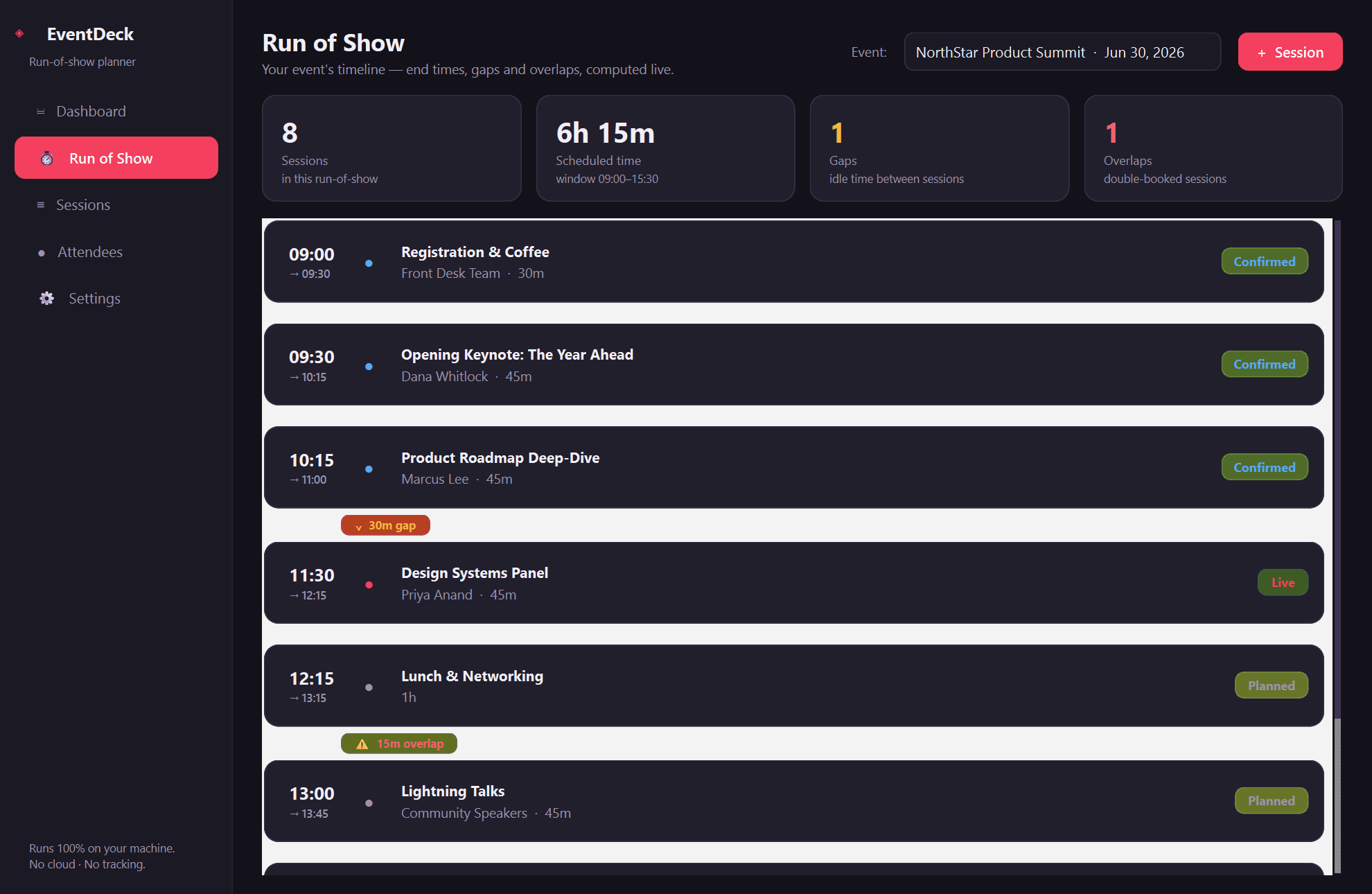Xardas Events runofshow — An offline run-of-show planner for workshops and events.
