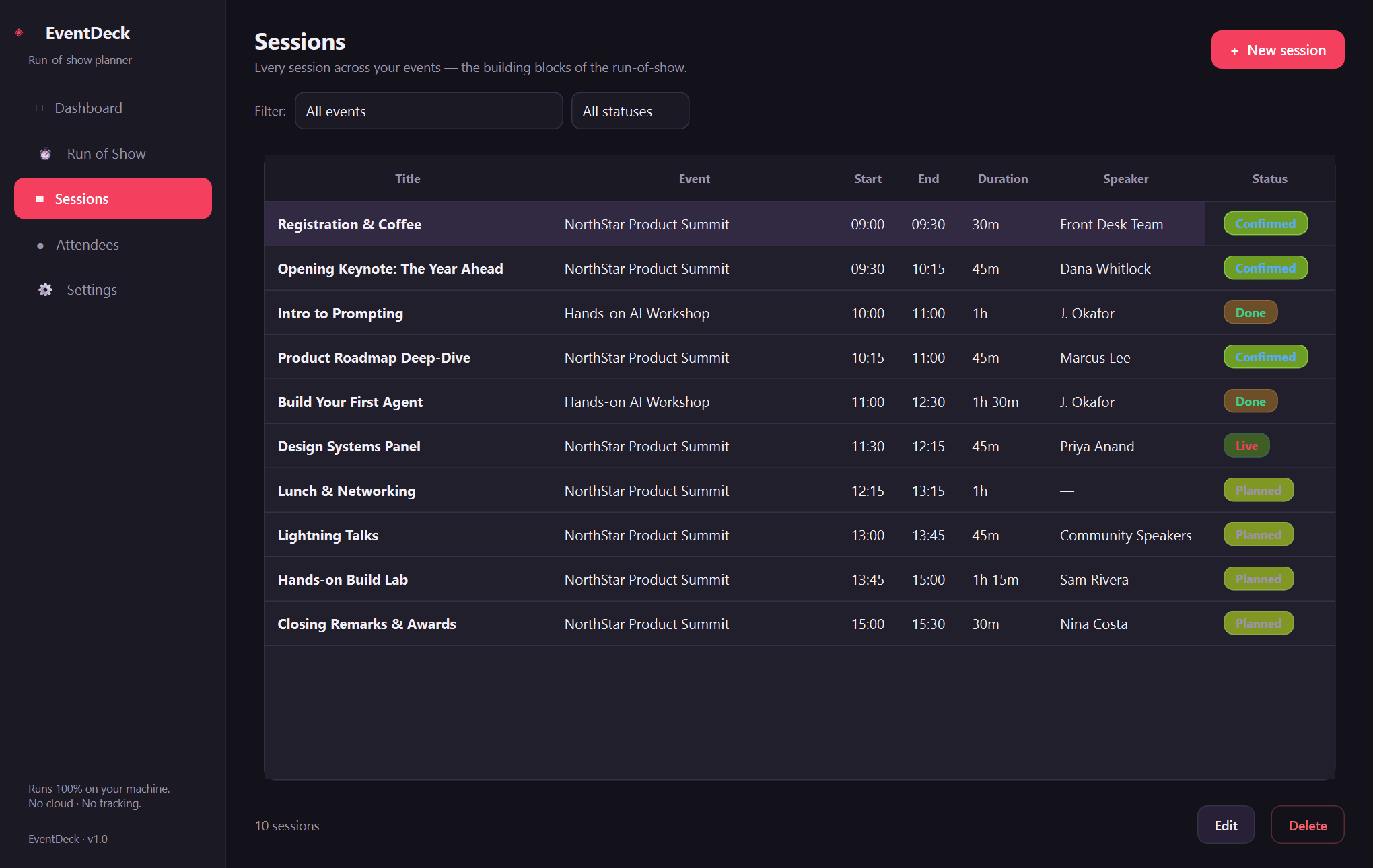 Xardas Events sessions — An offline run-of-show planner for workshops and events.