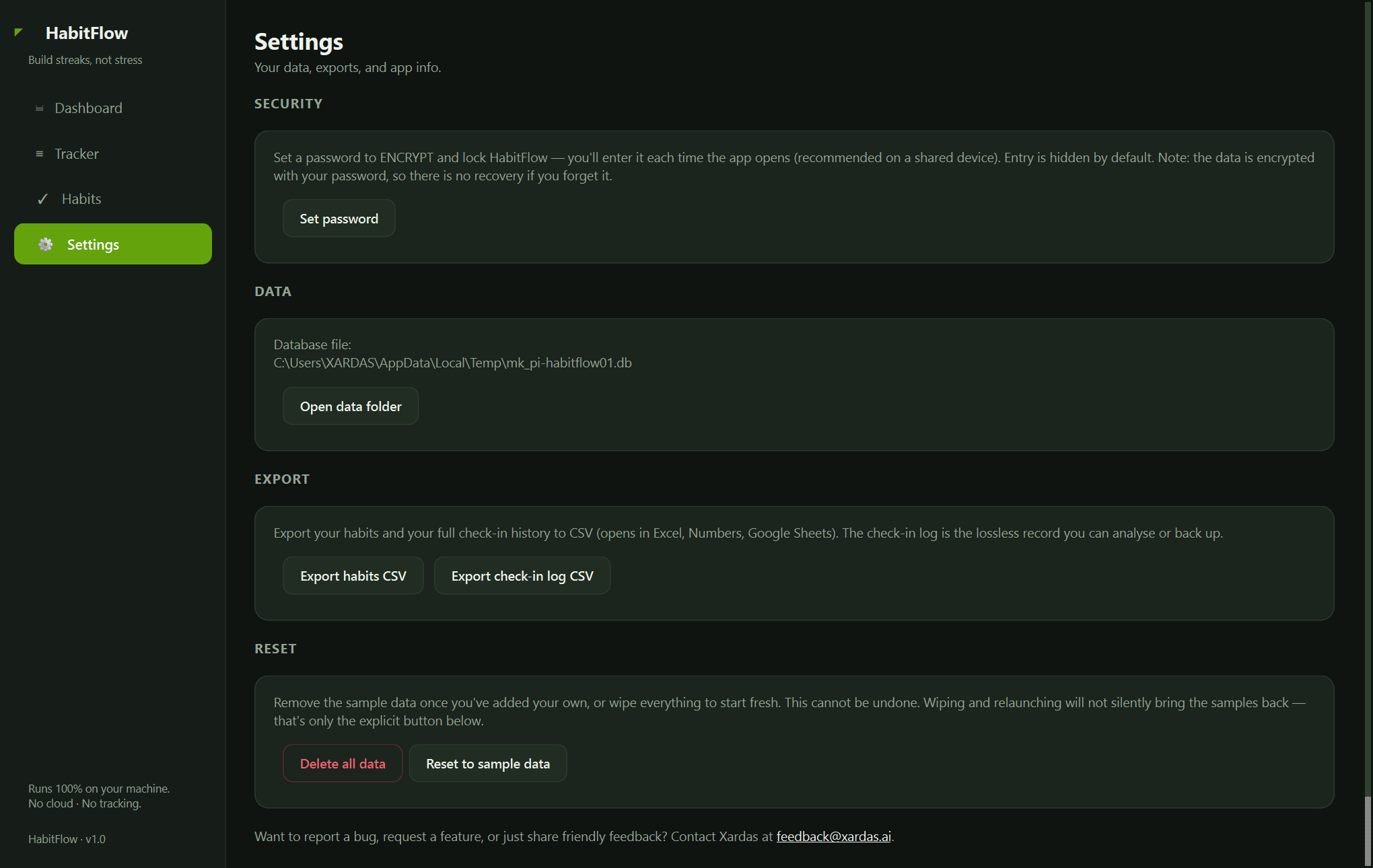 Xardas Habits settings — An offline desktop tracker for the habits and goals you're building — with a GitHub-style contribution heatmap for every one.