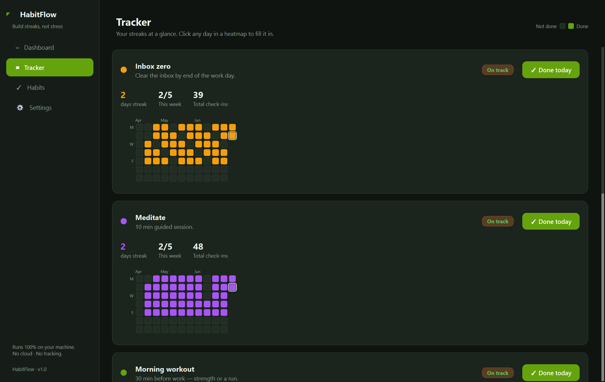 Xardas Habits — An offline desktop tracker for the habits and goals you're building — with a GitHub-style contribution heatmap for every one.