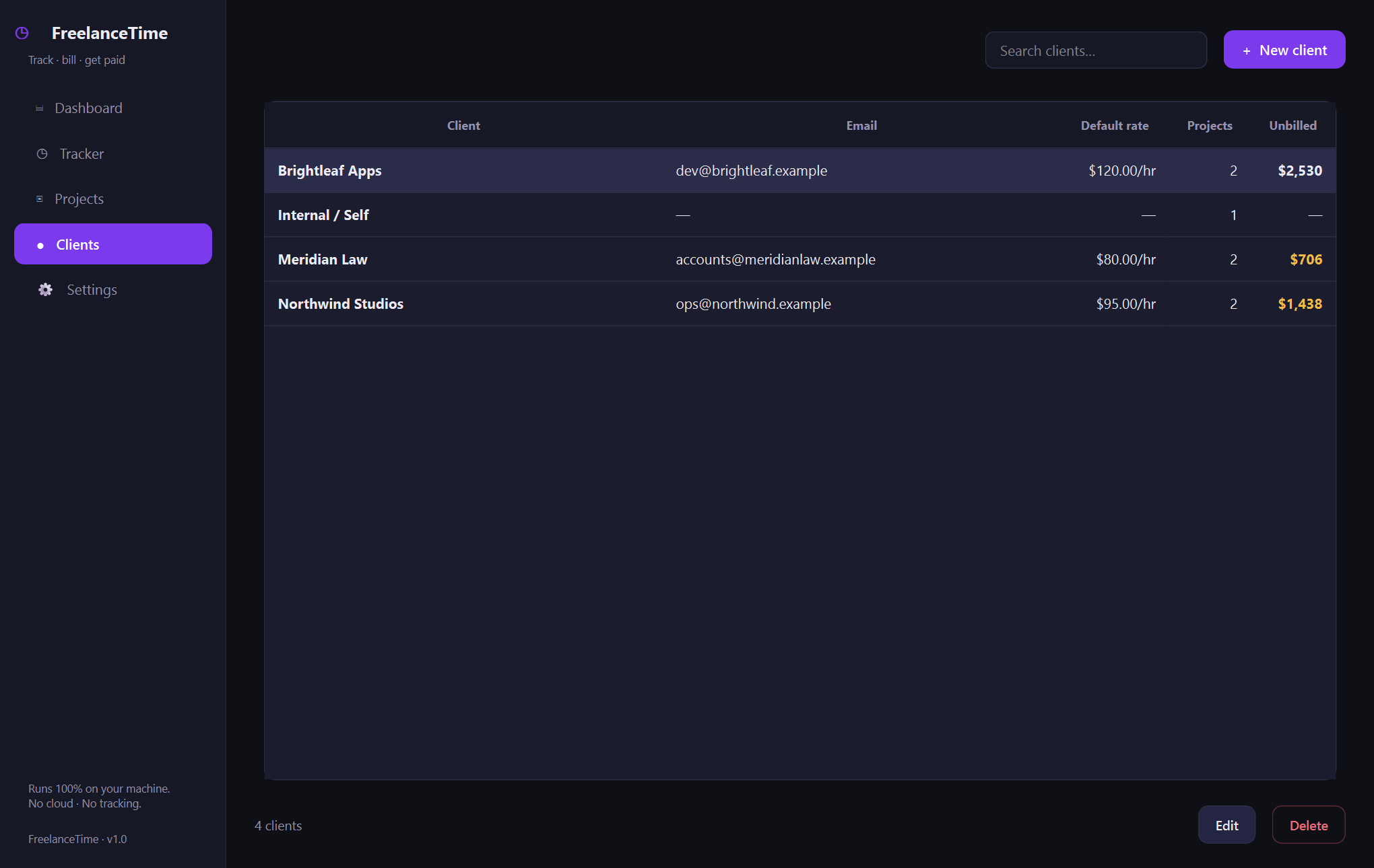 Xardas Hours clients — Offline time tracking and billing for freelancers — your hours, rates, and clients in one native Windows app, on your machine alone.