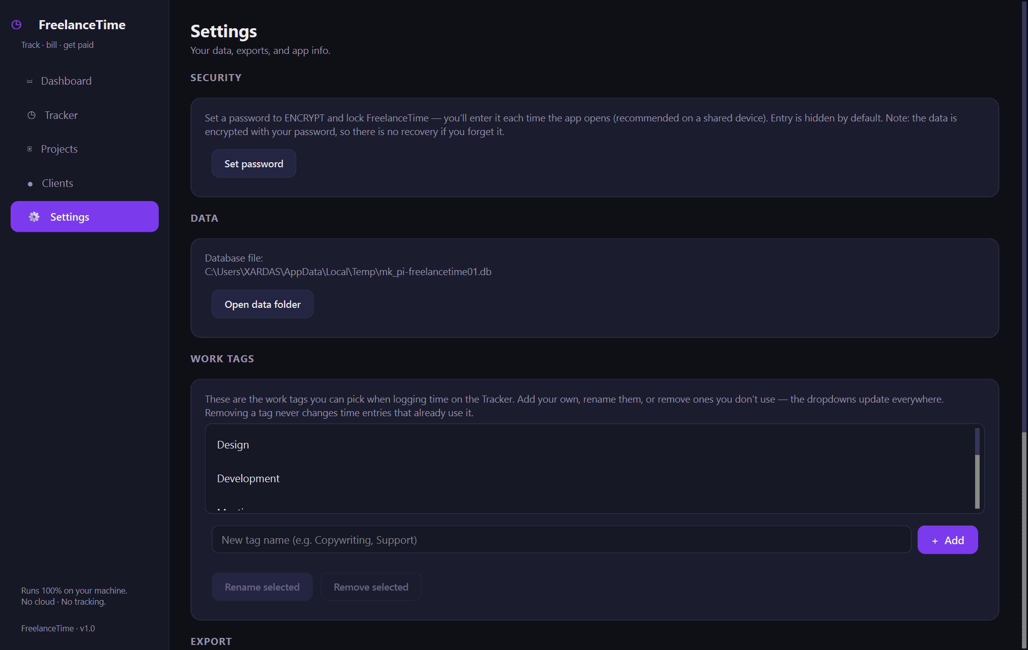Xardas Hours settings — Offline time tracking and billing for freelancers — your hours, rates, and clients in one native Windows app, on your machine alone.