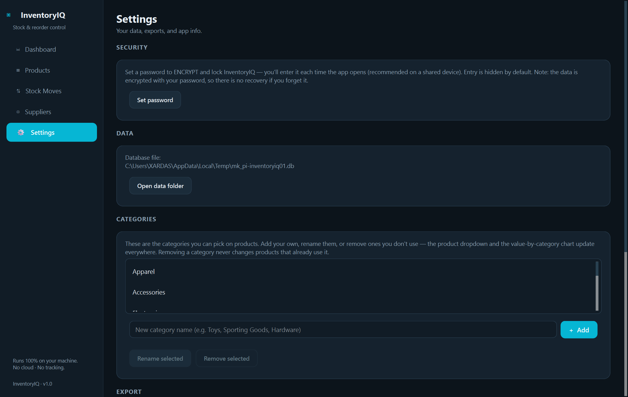 Xardas Inventory settings — Track stock, suppliers, and reorders in a native local Windows app — no account, no cloud.