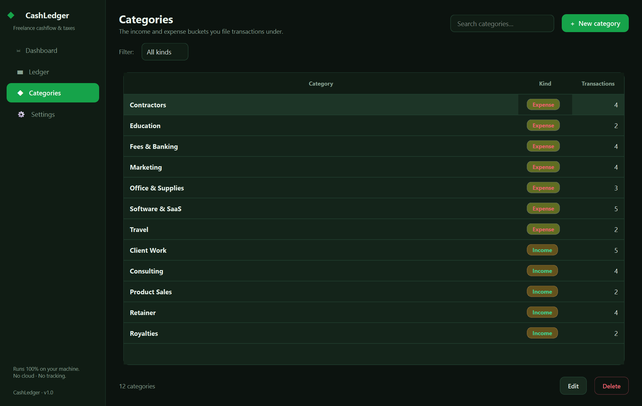 Xardas Ledger categories — Track every dollar in and out, set aside the right amount for taxes, and own your books in a single offline file — no subscription, no account.