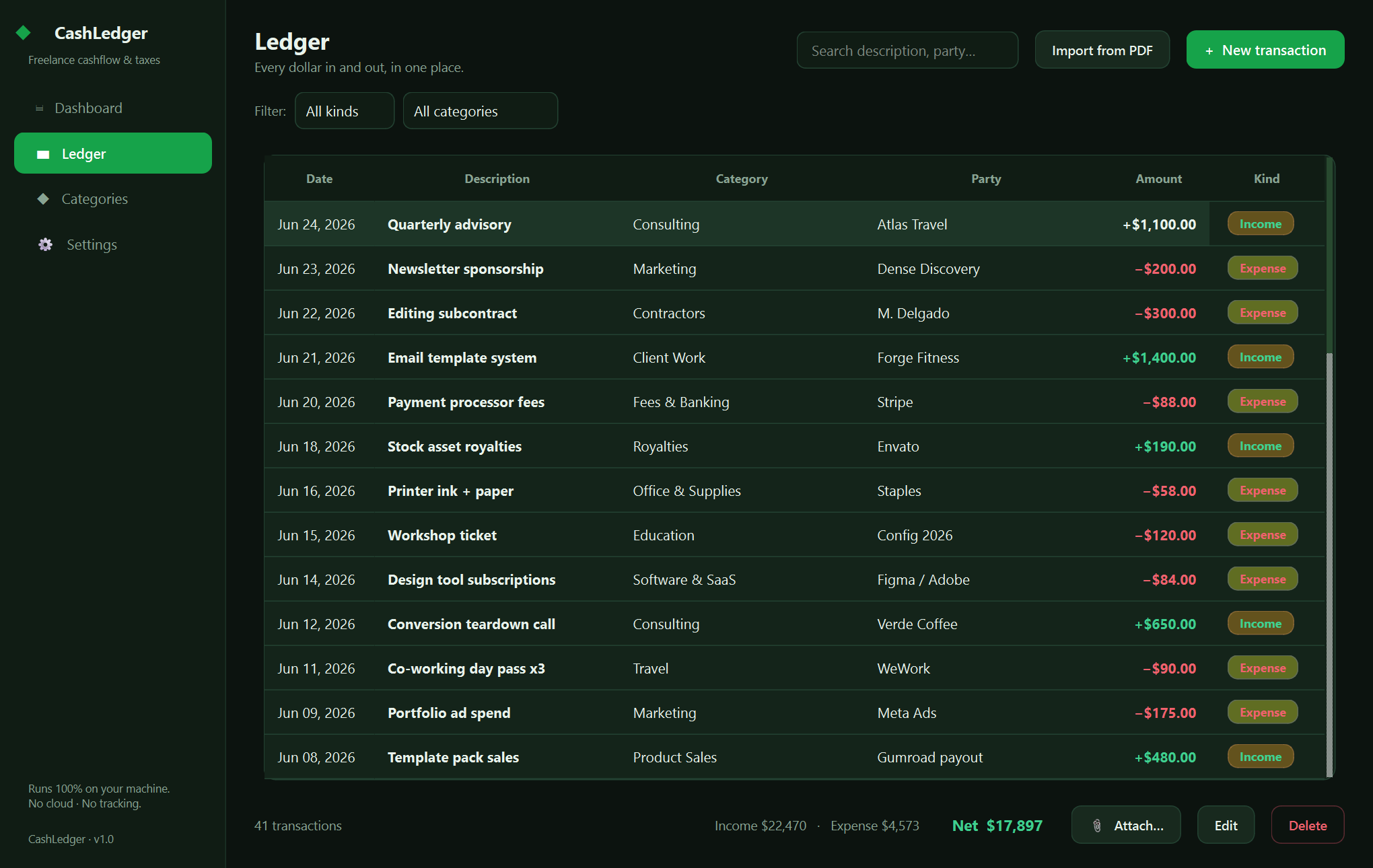 Xardas Ledger ledger — Track every dollar in and out, set aside the right amount for taxes, and own your books in a single offline file — no subscription, no account.