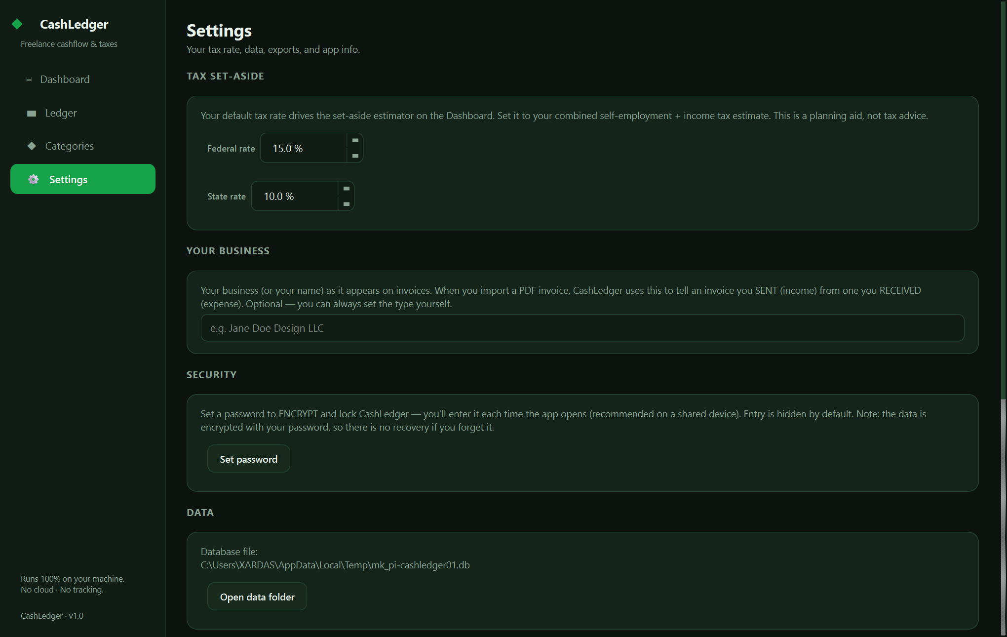 Xardas Ledger settings — Track every dollar in and out, set aside the right amount for taxes, and own your books in a single offline file — no subscription, no account.