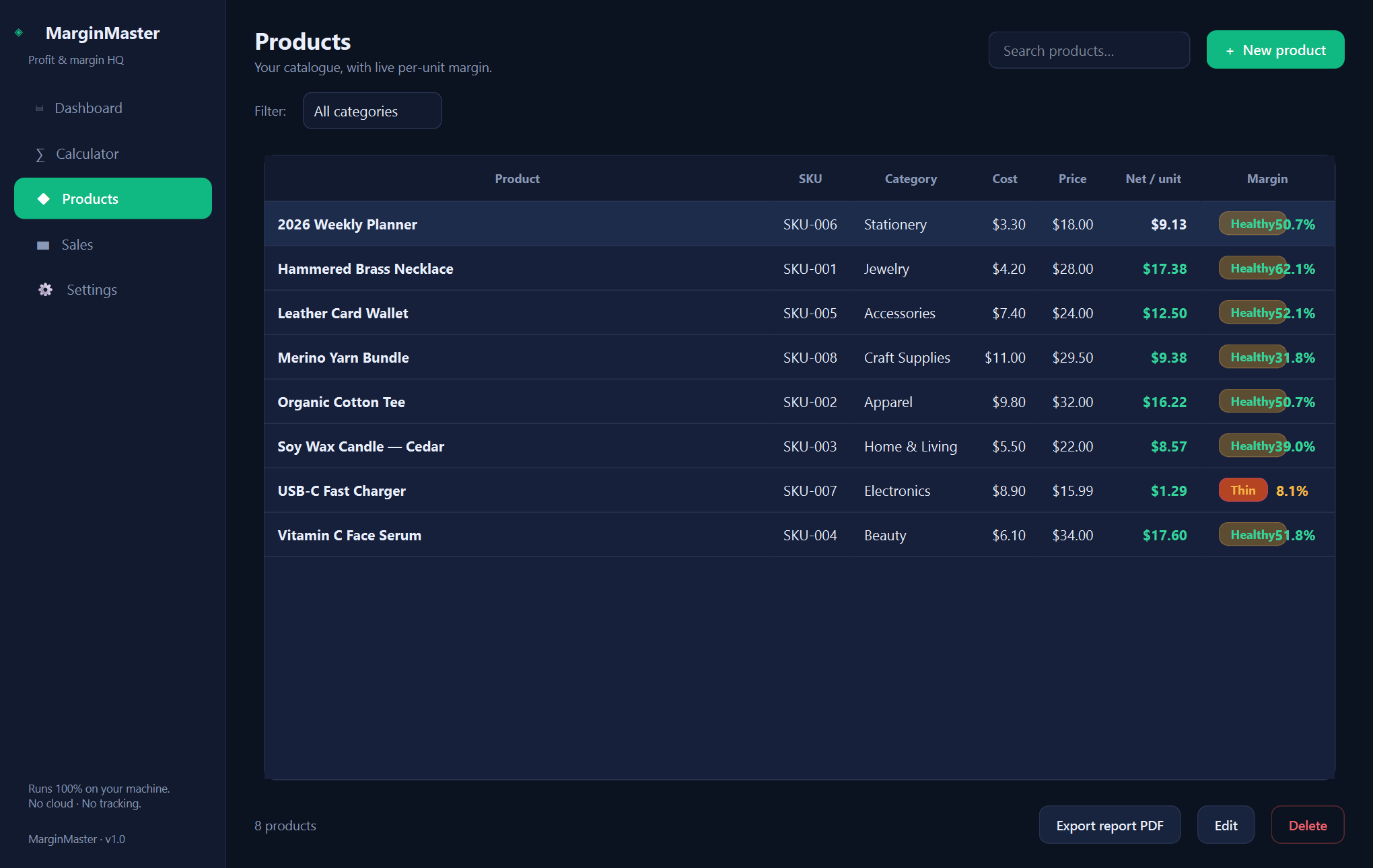 Xardas Margins products — An offline profit and margin manager for e-commerce sellers.