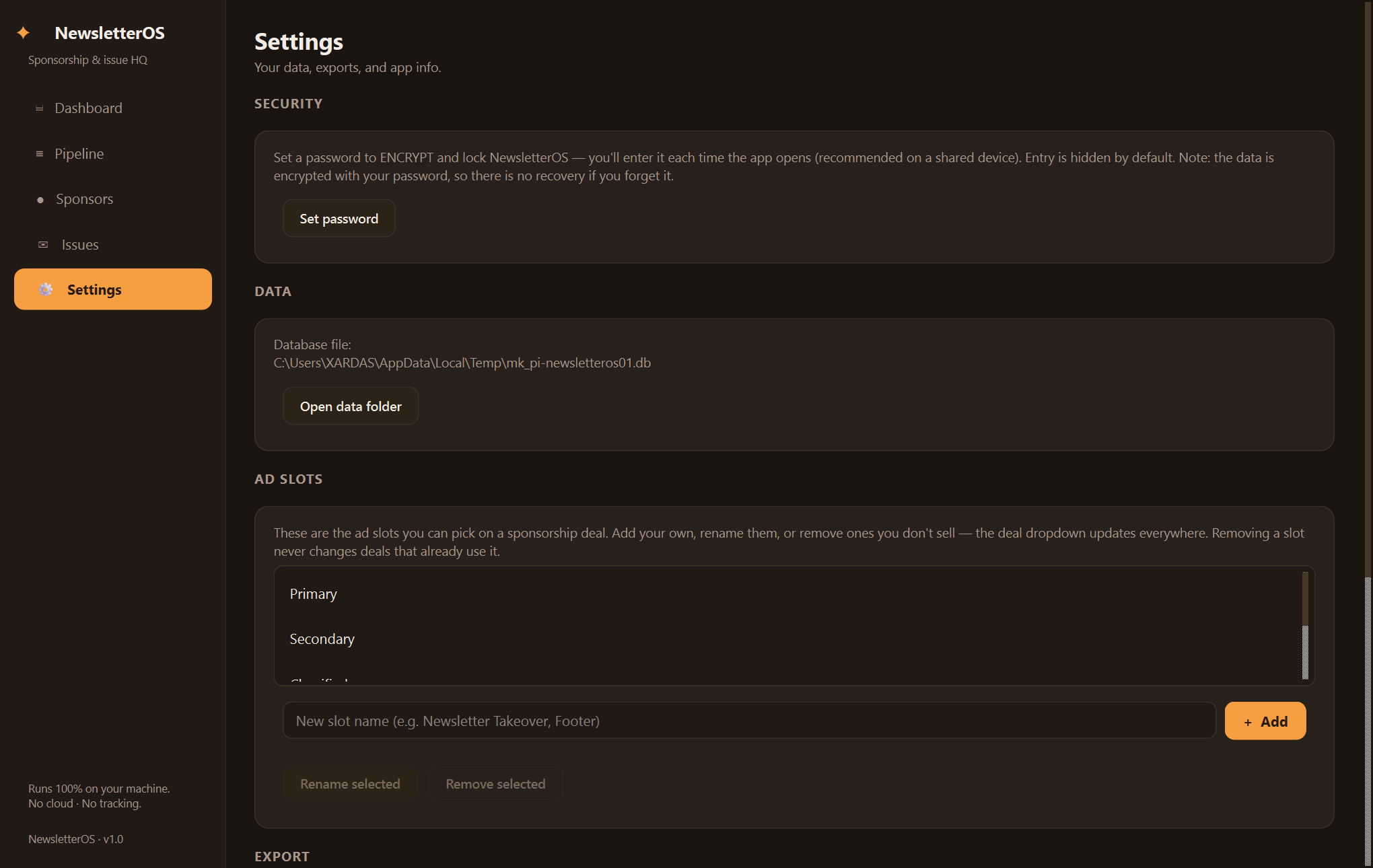 Xardas Newsletter settings — The business desk for your paid newsletter — sponsors, deals, and issues in one native window.