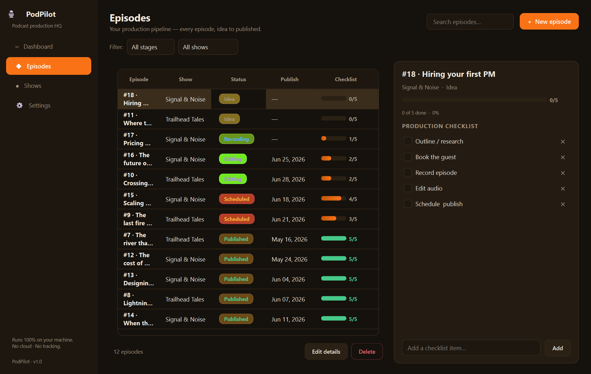 Xardas Podcasts — An offline production manager for podcasters — every episode, idea to published.