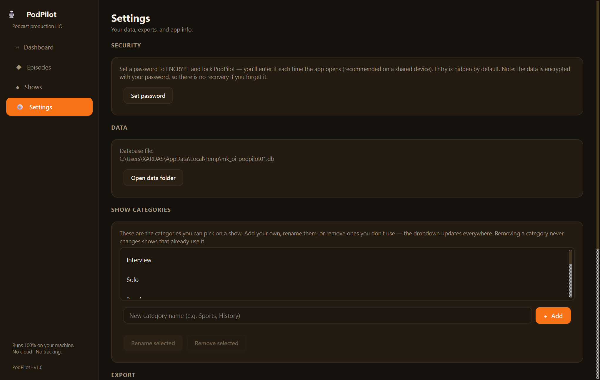 Xardas Podcasts settings — An offline production manager for podcasters — every episode, idea to published.