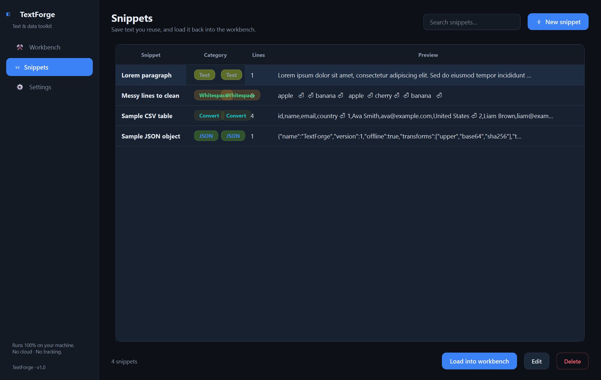 Xardas Text Tools snippets — The offline workbench for everything you'd paste into an online tool — decode a JWT, chain transforms into a saved recipe, convert or hash anything — your data stays on your machine.