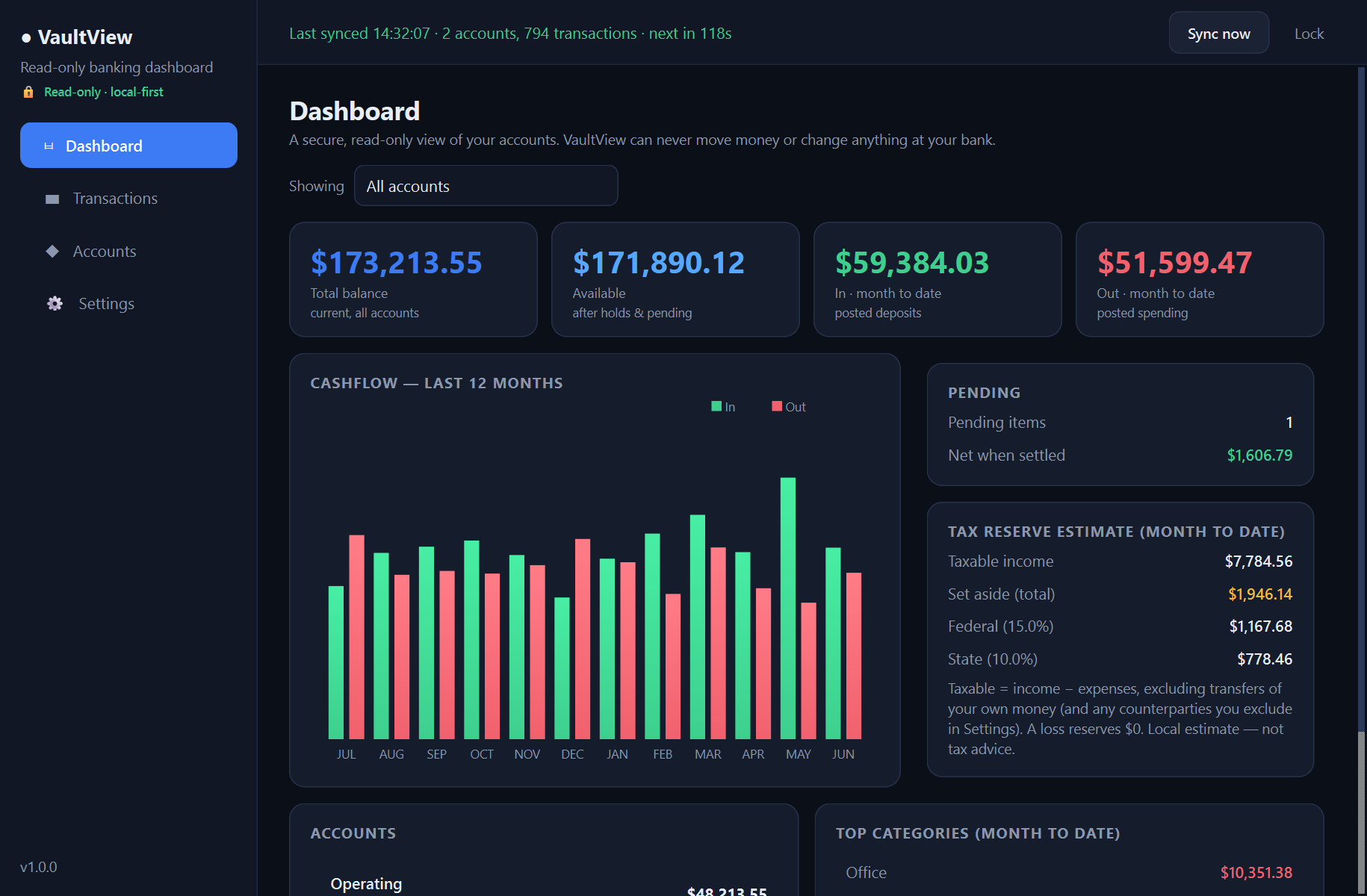 Xardas Vault — A secure, read-only desktop dashboard for your online bank accounts — it shows everything and can move nothing.