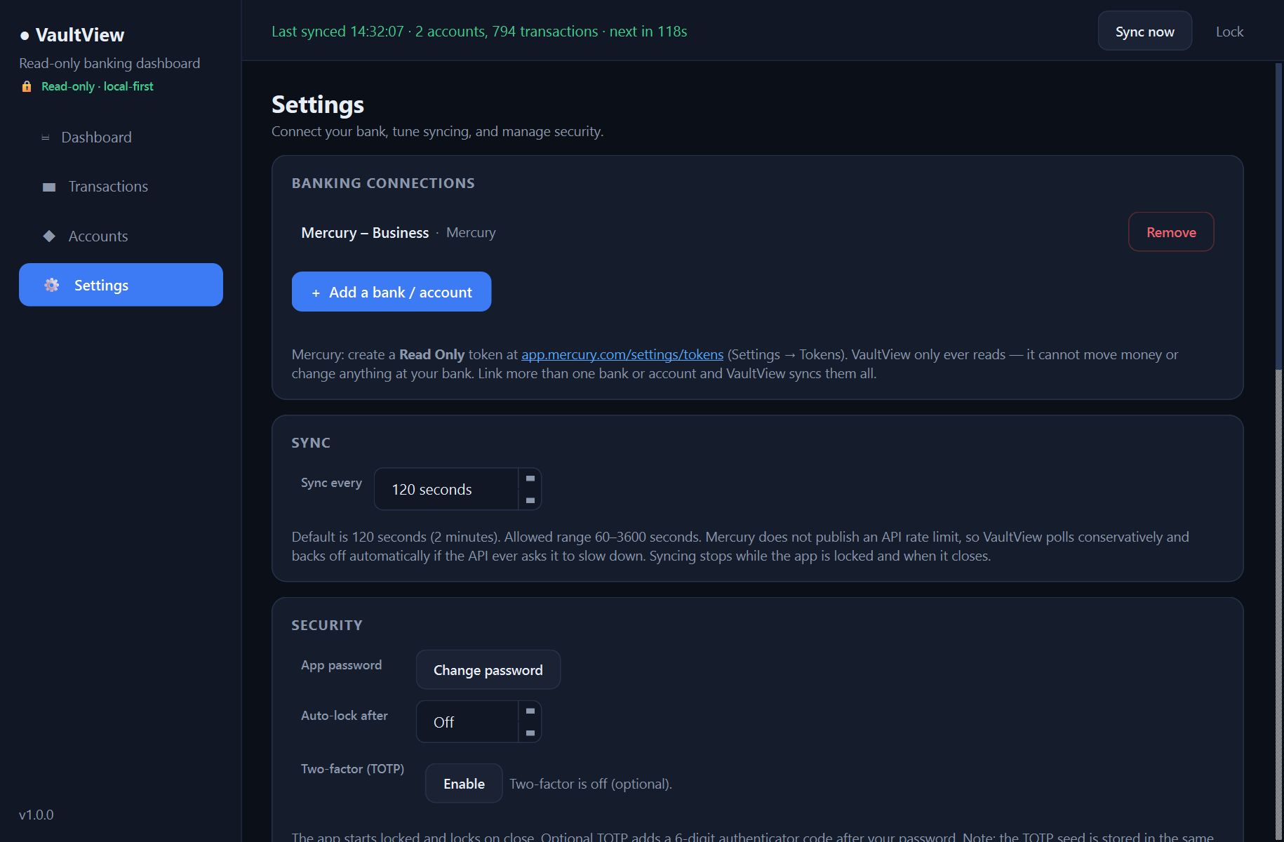 Xardas Vault settings — A secure, read-only desktop dashboard for your online bank accounts — it shows everything and can move nothing.