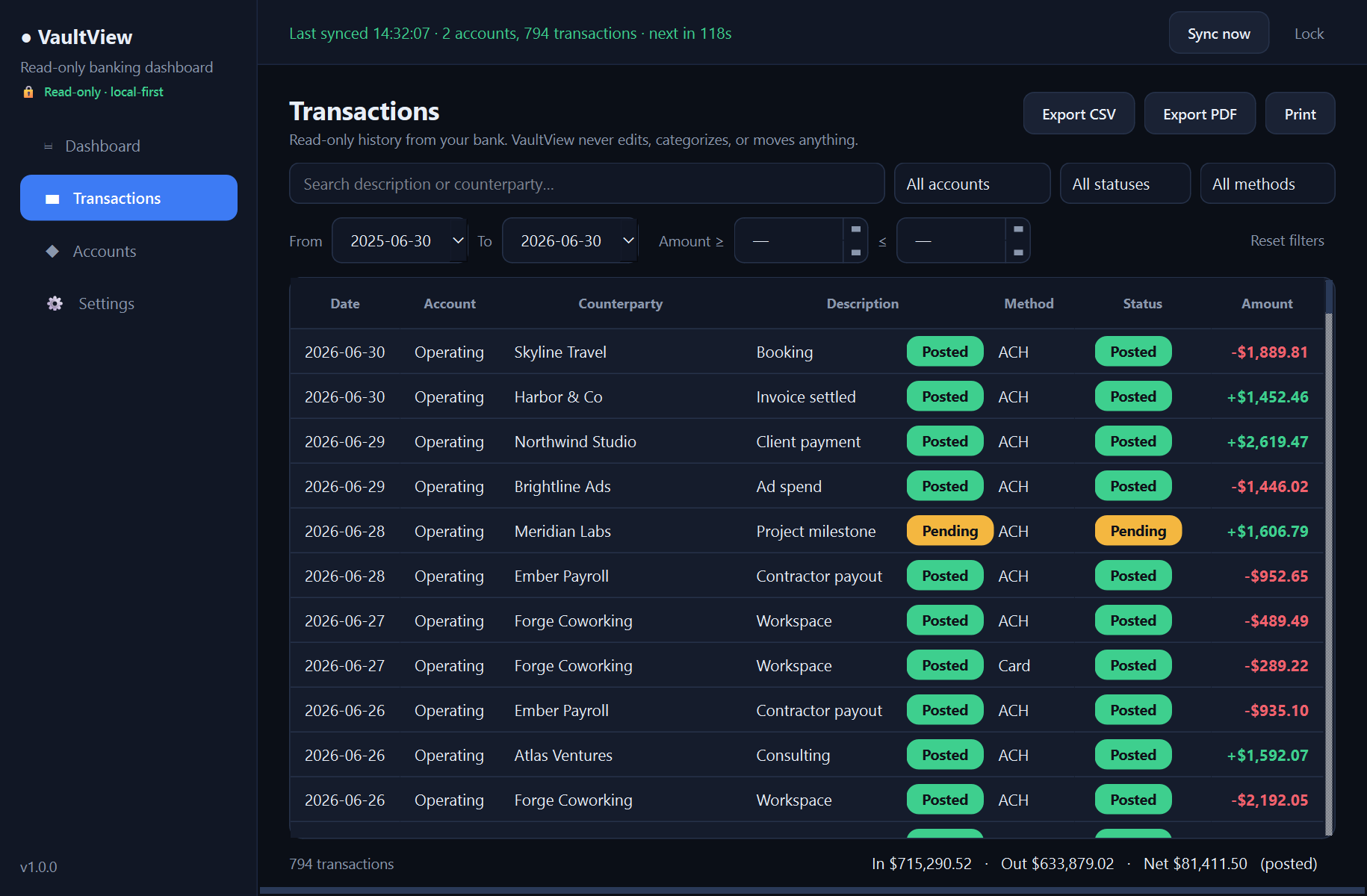 Xardas Vault transactions — A secure, read-only desktop dashboard for your online bank accounts — it shows everything and can move nothing.