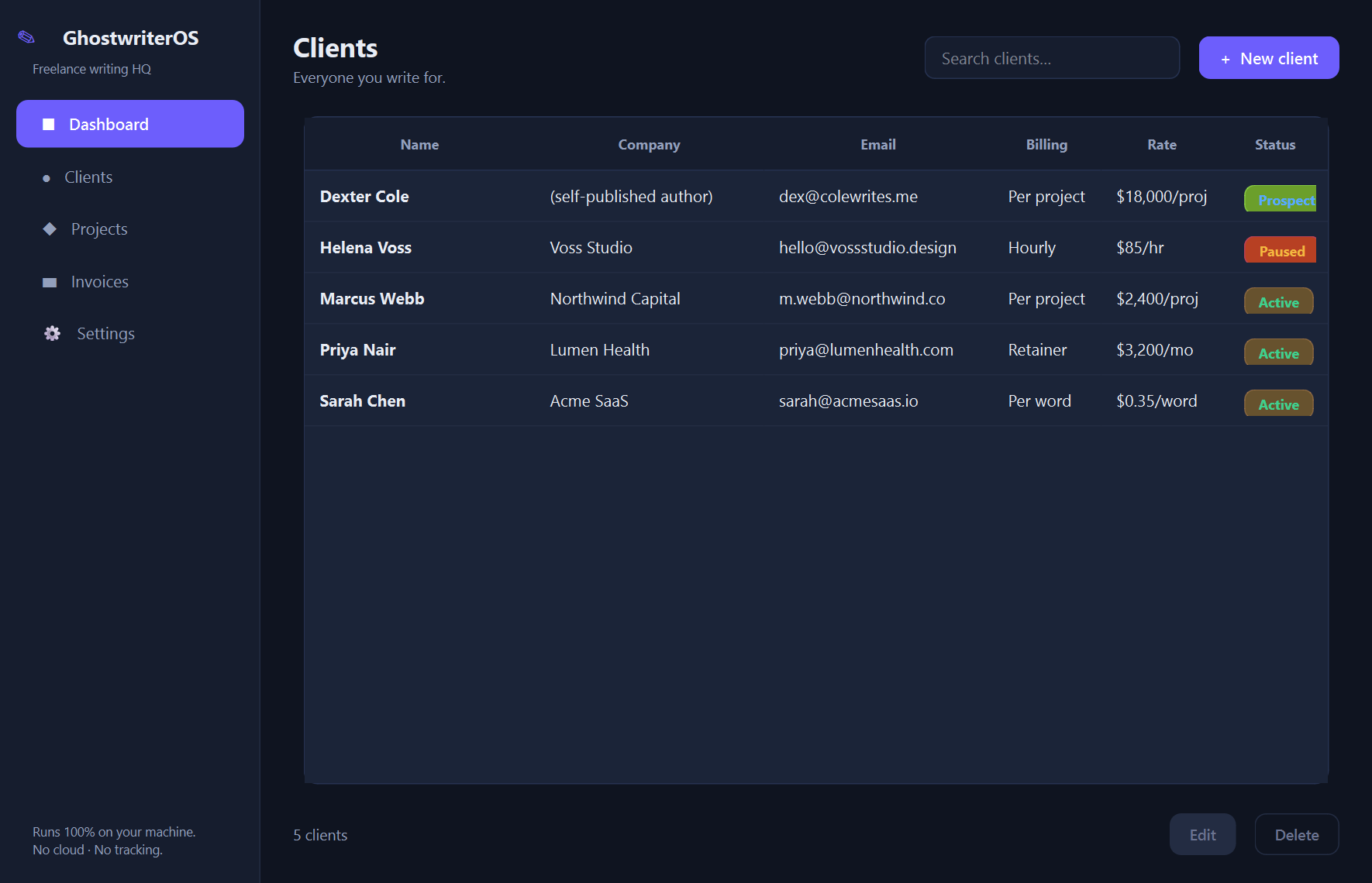 Xardas Writer clients — The local business hub for freelance writers — clients, projects, and invoices, all on your own machine.