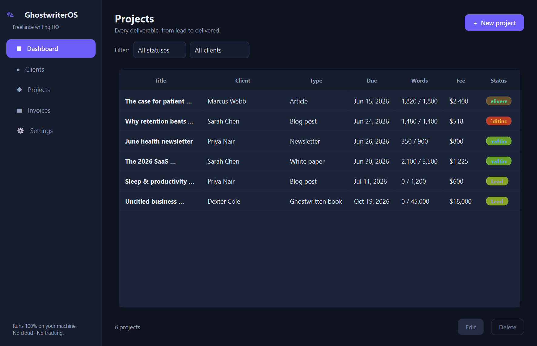 Xardas Writer projects — The local business hub for freelance writers — clients, projects, and invoices, all on your own machine.